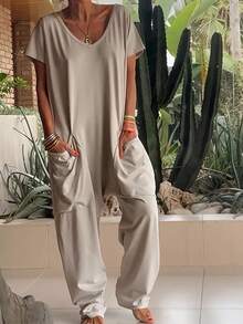 Jumpsuit Wanita Warna Polos Leher V Lengan Pendek Model Longgar di Selangkangan, Elegan untuk Musim Panas - Khaki - View 2
