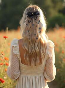 1pc Large Black Mesh Hair Bows For Women Girls Solid Color Star Moon Pattern Alligator Clips Sparkling Star Moon Printed Bow Hair Clips Elegant Long Tail Bow Hair Clips Wedding Party Holiday Gifts Bow Barrettes Women Hair Accessories