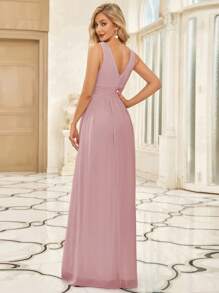 EVERPRETTY Fall Winter Elegant Chiffon V Neck Sleeveless Ruched Maxi Formal Pink Bridesmaid Dress For Wedding Graduation - Pink - View 3