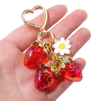 3 件草莓心形透明草莓花钥匙扣，可爱包包吊坠，适合女朋友、珠宝和包包配件、学校汽车配件、哥特 Y2k 圣诞礼物创意