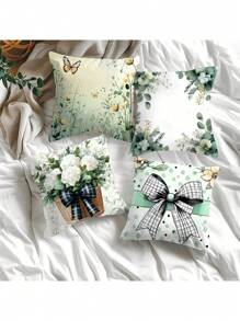Set de 4 fundas de cojín y funda de almohada de felpa corta de poliéster con estampado floral verde fresco