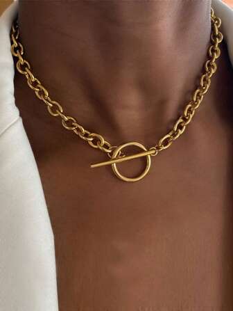 1pc Fashion Ins 2025 New 18K Gold Stainless Steel High Protection Exaggerated Thick Chain OT Clasp Necklace, Suitable For Women's Daily Wear, Waterproof Jewelry Accessory Gift (Without Gift Box), USA