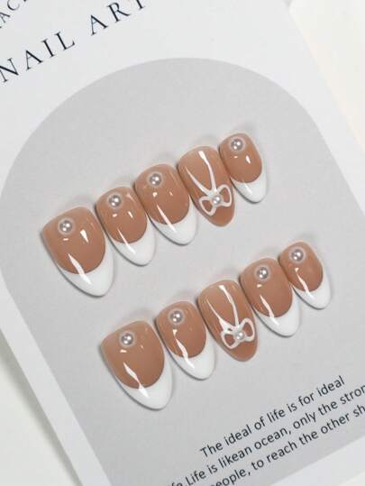 JNHK 10 件 Aurora Naked Pink 仿珍珠法式按压指甲优雅芭蕾风格甜美女孩蝴蝶结美甲短杏仁型美白高级大气纯手工可重复使用按压指甲美甲用品指甲