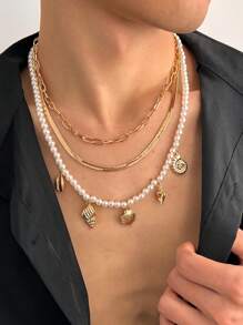 3 件套男士夏季椰壳和贝壳串珠项链，时尚百搭金属扁平蛇链项链，适合休闲、派对和礼物 - 混色 - 查看 4