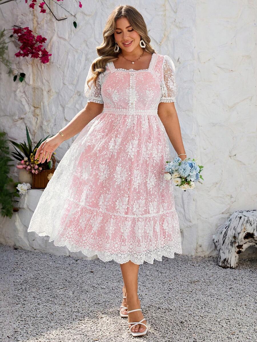 Simplee 大码女士优雅网纱刺绣蕾丝边泡泡袖连衣裙，派对礼服，婚礼宾客礼服，7月4日独立日庆典礼服，生日礼服