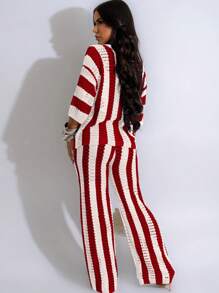 Fooullaide Women's Crochet Sets Two Piece Outfit Knit Hollow Out Color Block Button Down Shirts Matching Long Pants Beach Set - Red - View 7