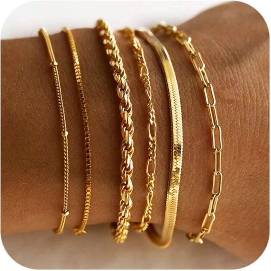 14k Gold Plated Layered Chain Bracelet Set For Women, Waterproof, Fashionable, Delicate, Stacking Paperclip Chain Bangle Bracelets, Graduation Gift, Seal Charm