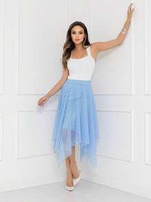 Elegance Polka Dot Tulle Midi Skirt Code 127 - Baby Blue - View 4