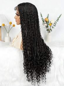 A ANYTIME 波西米亚风蕾丝编织假发，长波浪钩针编织辫子假发，带婴儿头发，手工无结编织辫子波浪头带接发 - 黑色 - 查看 6