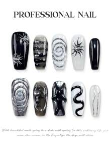10pcs Y2k Punk Rock Metal Texture 3D Decoration Rivet Handmade Nails Chrome Silver Liquid Acrylic Press On Nails Medium Long Coffin Fake Nails Full Coverage Nail Tips With Jelly Glue And Nail File, DIY Nail Art Supplies Music Festival Party