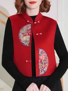Springtime Asymmetrical Double Dragon Embroidered Cardigan Vest Top, Short Style, Sleeveless Red Cropped Jacket, Elegant And Casual Vest For Women. Fold-Front Cardigan, Unlined, A Great Gift For Mothers, A Stylish Vest, High-Quality And Fashionable, Suitable For Holidays, Shopping, Everyday Wear, Casual Occasions, Vacations, Social Events, And Parties. - Red - View 7