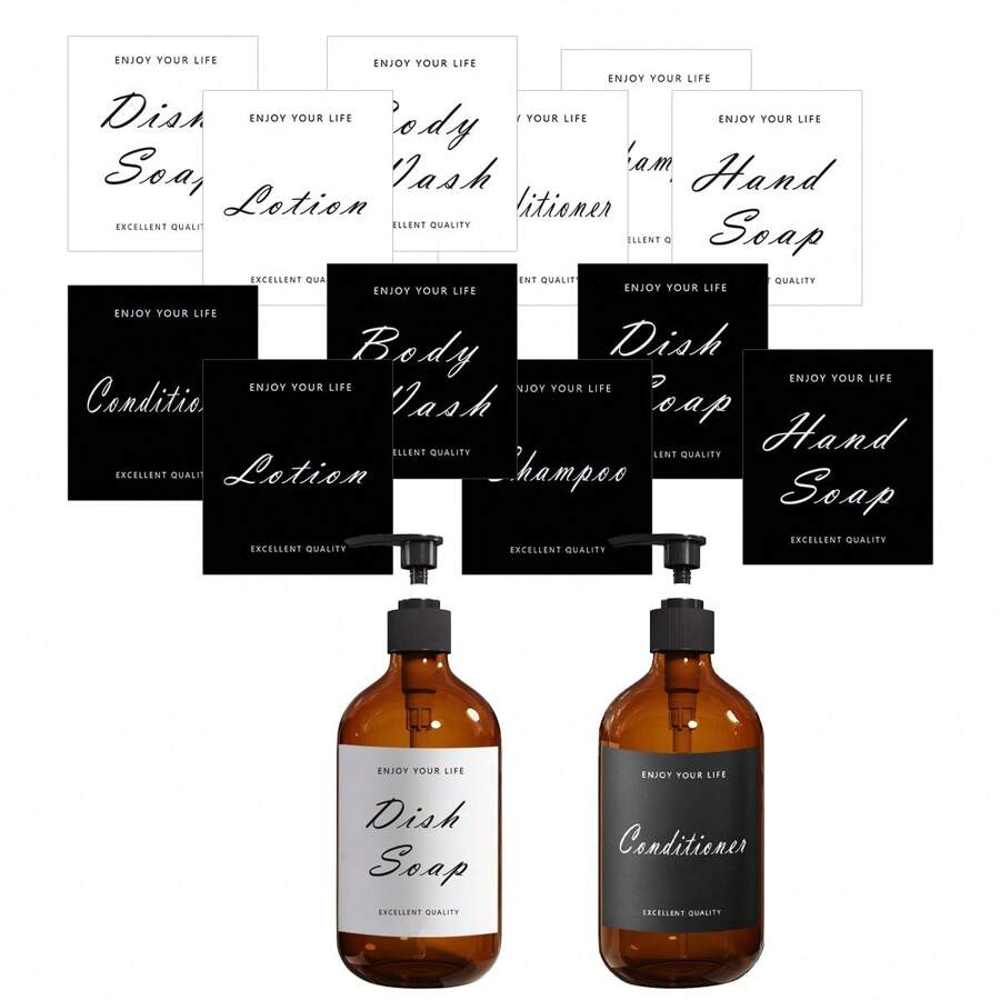 6/12 Peças/Conjunto Adesivos de Rótulo para Garrafas de Sabonete Líquido e Detergente de Louça, Decorações em Estilo Artístico de Fonte, Adesivos de Rótulo de Shampoo, Aderem Firmemente, À Prova d'Água, para Garrafas, Etiquetas de Armazenamento de Banheiro
