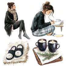 1 Pack Retro Black Style Girl Reading, Drinking Tea, Writing Diary Stickers For DIY Journal, Scrapbook, Notebook