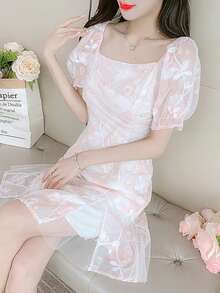 RUIWY 春夏束腰珍珠串珠雪纺迷你连衣裙，迷人设计 - 粉色 - 查看 4