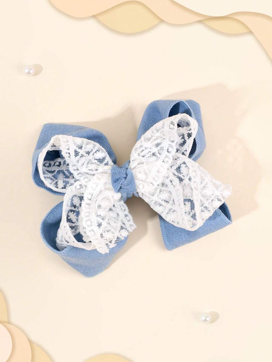 1 件装女士牛仔蕾丝大号蝴蝶结优雅田园风格蝴蝶结鳄鱼夹可爱甜美发夹春假女孩发夹女士发饰