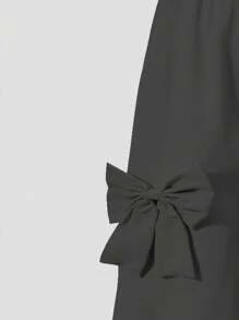 Lurzo Tween Girls' Casual Minimalist Bow Decor Wide Leg Pants, Suitable For Outdoor, Party, School And Daily Wear In Spring And Autumn - Dark Grey - View 4