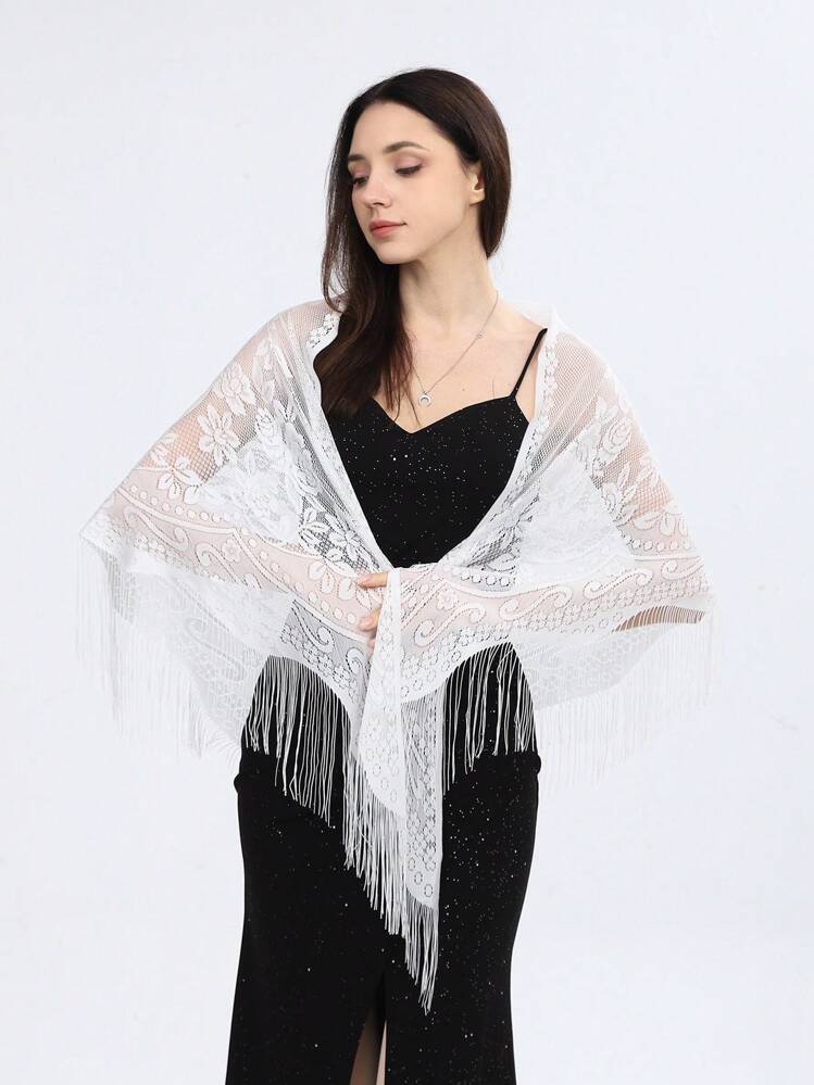 1 pieza Bufanda/Chal triangular de mujer de unicolor con encaje, rosa, flecos, diseño elegante y de moda, transpirable, pañuelo para el cuello para vestir - Rosa - Ver 2