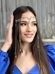 Vintage Handmade Water Drop Tassel Hair Accessories, Princess Rhinestone Forehead Chain Headpiece, Exotic Style Stage Face Veil Decoration, Jewelry , Wedding, Festival Outfits, Rave Accessories