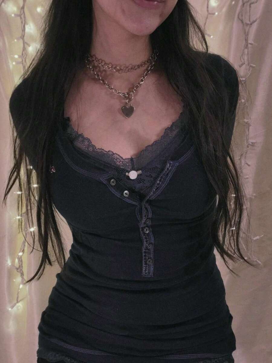 Women Y2k Long Sleeve Tops Slim Fit T-Shirt Contrast Color Scoop Neck Button Shirts Fairy Grunge Vintage Cotton Going Out Tops Aesthetic Clothes Streetwear Fall Spring Outfit - màu đen - Xem 1