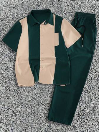 2pcs Men's Lightweight Casual Outfit - Colorblock Striped Short Sleeve Shirt With Single-Breasted Button And Solid Color Long Pants, Suitable For Commuting And Leisure Wear, Cozy Outfits