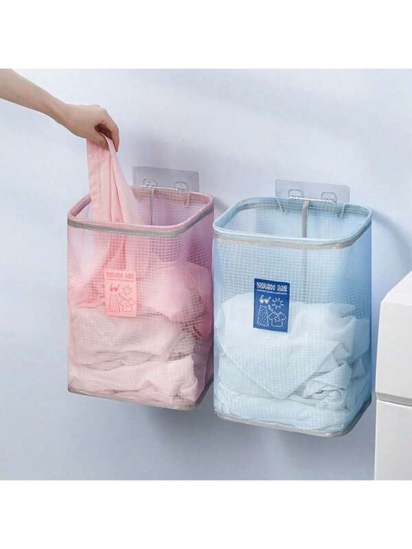 1pc-Wall-Mounted Foldable Dirty Clothes Basket, Large Capacity Laundry Hamper With Handle For Household, No Punch Nylon Storage Bag