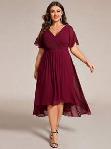 EVERPRETTY Plus Size Women Double V-Neck Ruffles Sleeve A-Line Chiffon Midi Wedding Guest Dress, Bridesmaid Dress