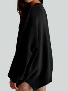 Plus Size Women Loose Fit Round Neck Dropped Shoulder Long Sleeve Knitted Sweater Top, Autumn/Winter - Black - View 2