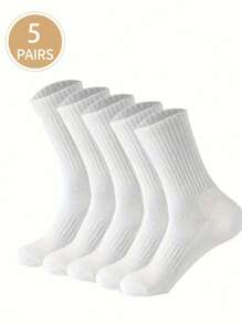 5 Pairs Men's Crew Socks, Suitable For Daily Wear, Fall - White - View 7