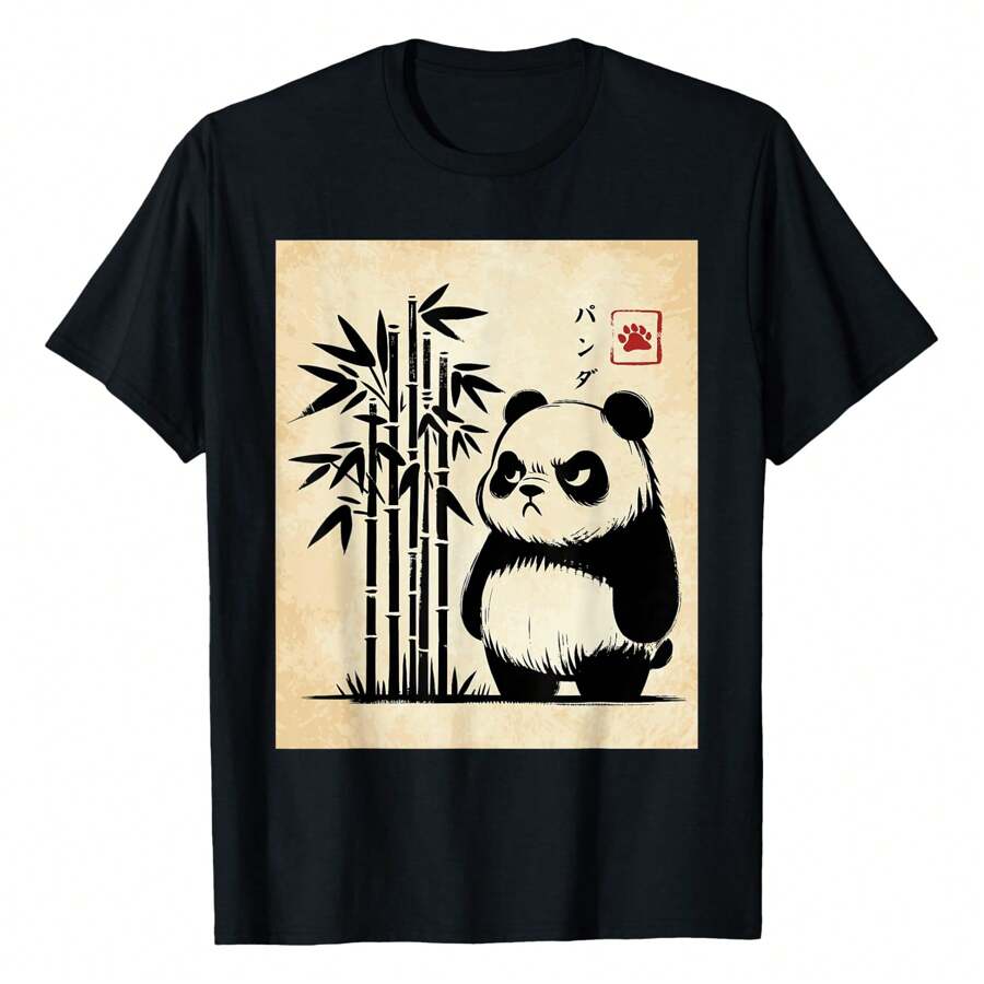 Kawaii Panda Ink Japanese Streetwear Novelty Funny Panda T-Shirt Graphic Tees Short Sleeve Casual Women Men T Shirts 100% Cotton Tee Shirt Womens Summer Tops Funny Print Women's T-Shirts Soft Comfy Everyday Wear Daily Gift Woman Tshirt Black - Black - View 1