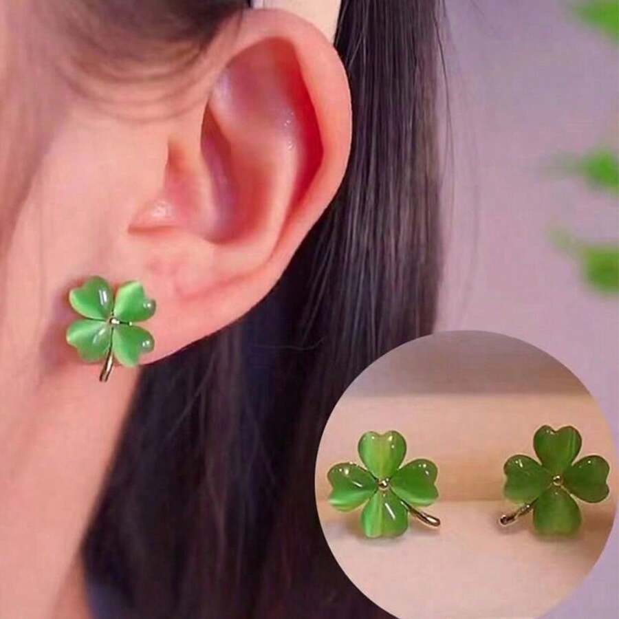 Aretes con diseño de trébol de la suerte, accesorios elegantes de moda con sensación de lujo - Verde - Ver 1