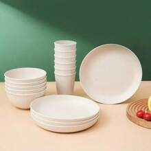 18pcs/Set Dinnerware Set, Ins Style Beige Vertical Stripe & Black Horizontal Stripe Plates, Bowls, Cups Combination, Simple Elegant Healthy Tableware For Home, Dining Room, Kitchen, Picnic, Party, Wedding, Holiday,School Supplies