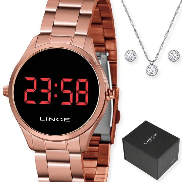 KIT RELÓGIO LINCE FEMININO LED DIGITAL ROSE MDR4618L VXRX