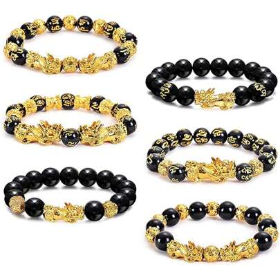 1件/3件风水手链男女款好运黑曜石貔貅串珠幸运手链招财进宝貔貅饰品