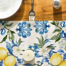 1PC Blue Lemon Iris Summer Table Runner, Seasonal Spring Kitchen Dining Table Decor For Home Party Decor - Blue and Yellow - View 3