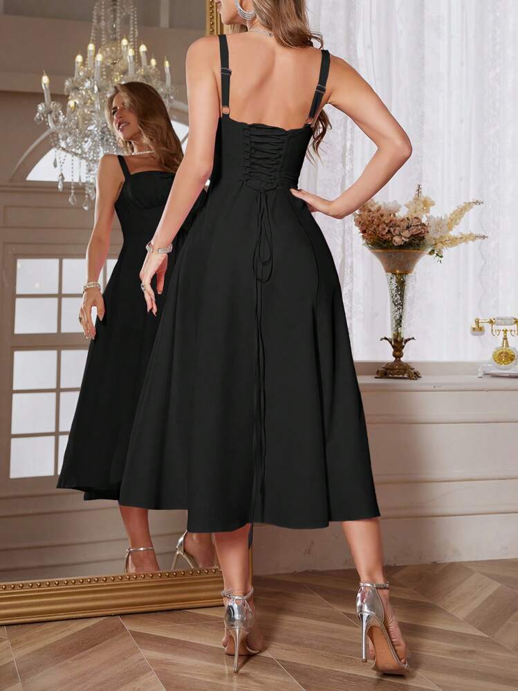 Vestido largo de mujer de un solo color con tirantes finos, diseño de abertura alta, espalda ajustable con lazo, perfecto para vacaciones de verano, playa, cóctel, ocio en el jardín y viajes elegantes - Negro - Añade 5