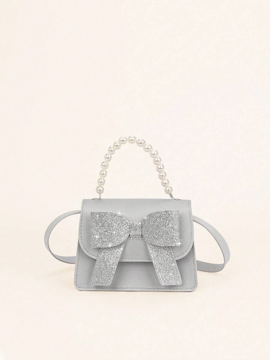 1 件女孩可爱迷你双面料蝴蝶结手提包和单肩包，适合日常服装搭配 - 銀色 - 查看 1