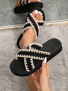 Women's Platform Flat Sandals, Color Block Slip-On Crossover Straps Open Toe Slides, Versatile For Everyday, Beach, Travel, Black - Black - View 4