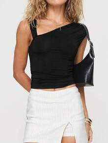 Top ajustado sin mangas con corte asimétrico en el hombro, ropa de verano sexy para mujer - Negro - Ver 4