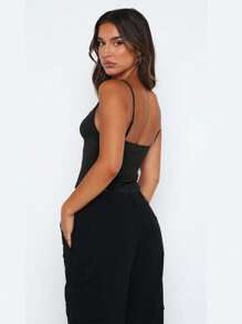 Top à bretelles type camisole en dentelle patchwork avec col en V, mode sexy versatile pour l'été - Noir - Voir 2