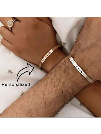 Customized Engraved Stainless Steel Open Cuff Bracelet, 5mm Brushed Matte Finish, Personalized With Coordinates, Name, Text, Date, Unisex Fashion Jewelry, Holiday/Birthday Gift,Gold,Stylish,Colorful,Vintage,Simple,Unisex,Casual,Cuties,Custom,Personalized,Unique,Ideal Gifts For Him,Ideal Gifts For Her,Her,Boyfriend,Girlfriend,Dad,Mom,Family,Friends,For Anniversaries,For Birthdays,For Graduation,For Prom,For Party