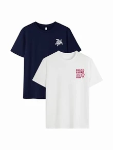 2件套 女士夏季休闲度假风百搭字母海龟印花圆领短袖T恤，图案T恤，白色、黑色、粉色，女士度假套装 - 彩色 - 查看 4