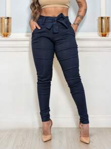 KIT 3 Calças Feminina Social Com Lycra Clochard Laço Amarra Slim Fit - Azul Marinho - Visão 3