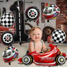 1 件赛车氦气铝箔气球，车轮方格旗快速赛车头盔路障生日快乐气球派对装饰主题派对用品，圣诞节 - 彩色 - 查看 9