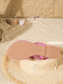 女士欧美风格尖头 3D 花卉交叉带平底凉鞋，别致时尚的粉色舒适鞋