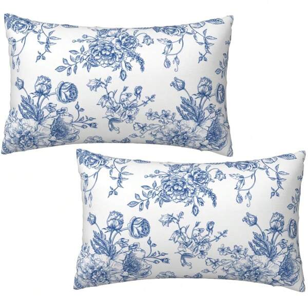 2 pezzi Federe stampate a fiori blu e bianchi da 12 x 20 pollici, federe vintage floreali per decorazione esterna, cuscini lombare, divano, letto o decorazione domestica, reversibili senza inserto