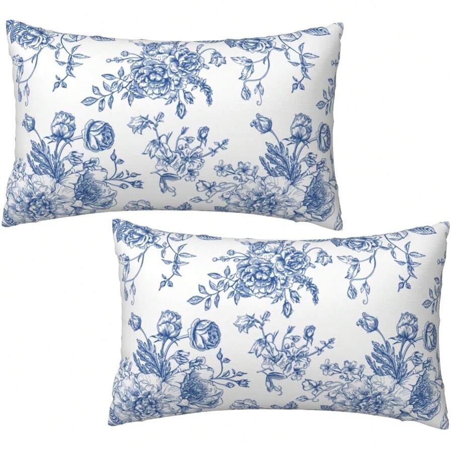 2pcs 12x20 Inch Stroke Blue And White Flower Pillowcase Vintage Floral Pillowcase Outdoor Decoration Waist Pillowcase Sofa Bed Sofa Cushion Home Decoration Double-Sided Without Pillow Core