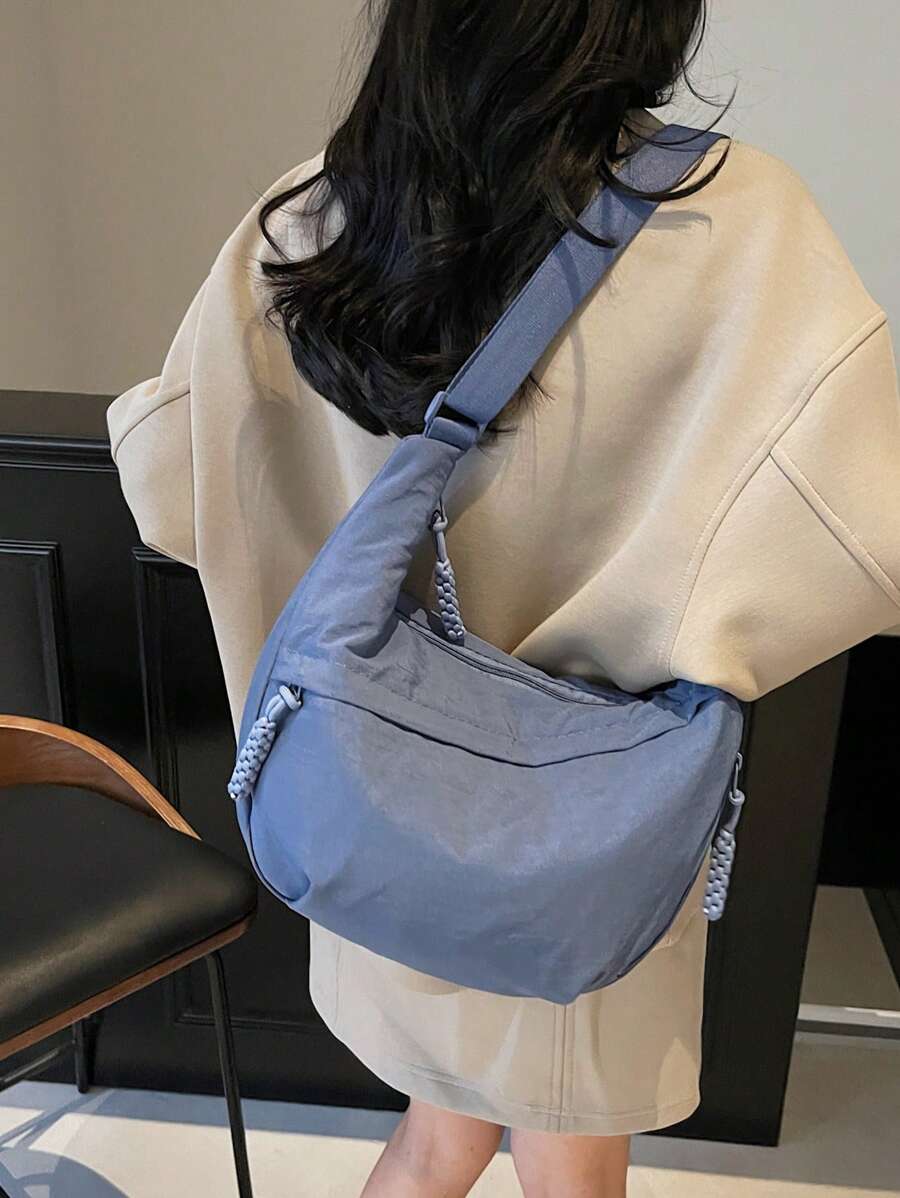 Fashionable Yellow Nylon Waterproof Shoulder Bag With Simple & Casual College Style, Wide Strap, Multiple Zipper Design Suitable For Students, Shopping, Daily Use, Shoulder Bag For School - 藍色 - 查看 1