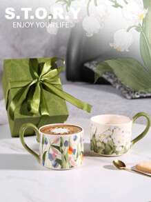 1 件优雅陶瓷杯，优质花艺水杯，办公室咖啡杯，牛奶杯，燕麦杯，复古绘画风格，创意早餐杯，下午茶杯，高端咖啡厅杯子 - 彩色 - 查看 5