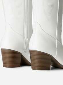 Embroidered Western Boots For Women Comfortable Chunky Heel Pull On Zipper Pointed Toe Knee High Boots Vintage Cowgirl Cowboy Ridding Vacation Boots - White - View 7