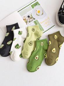 5 Pairs Avocado Print Women Short Socks, Minimalist, Comfortable, Soft, Breathable, Suitable For Spring, Summer And Autumn - Multicolor - View 1